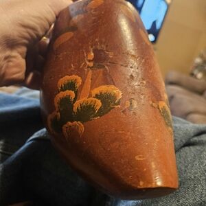 Artistic Brown Wooden Shoe with Green and Orange Details